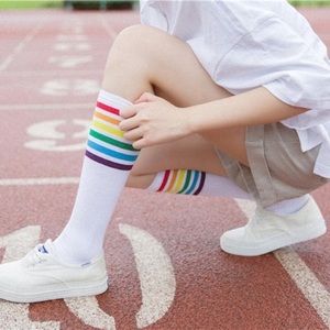NWT Rainbow Knee High Striped White Socks